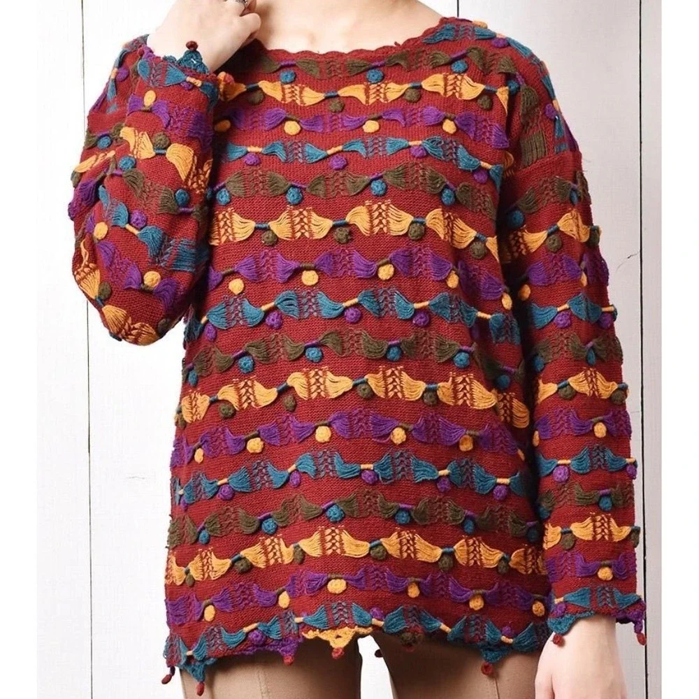 Vintage All Points Reference Point Textured Tassel Knit Sweater Red Multi Small